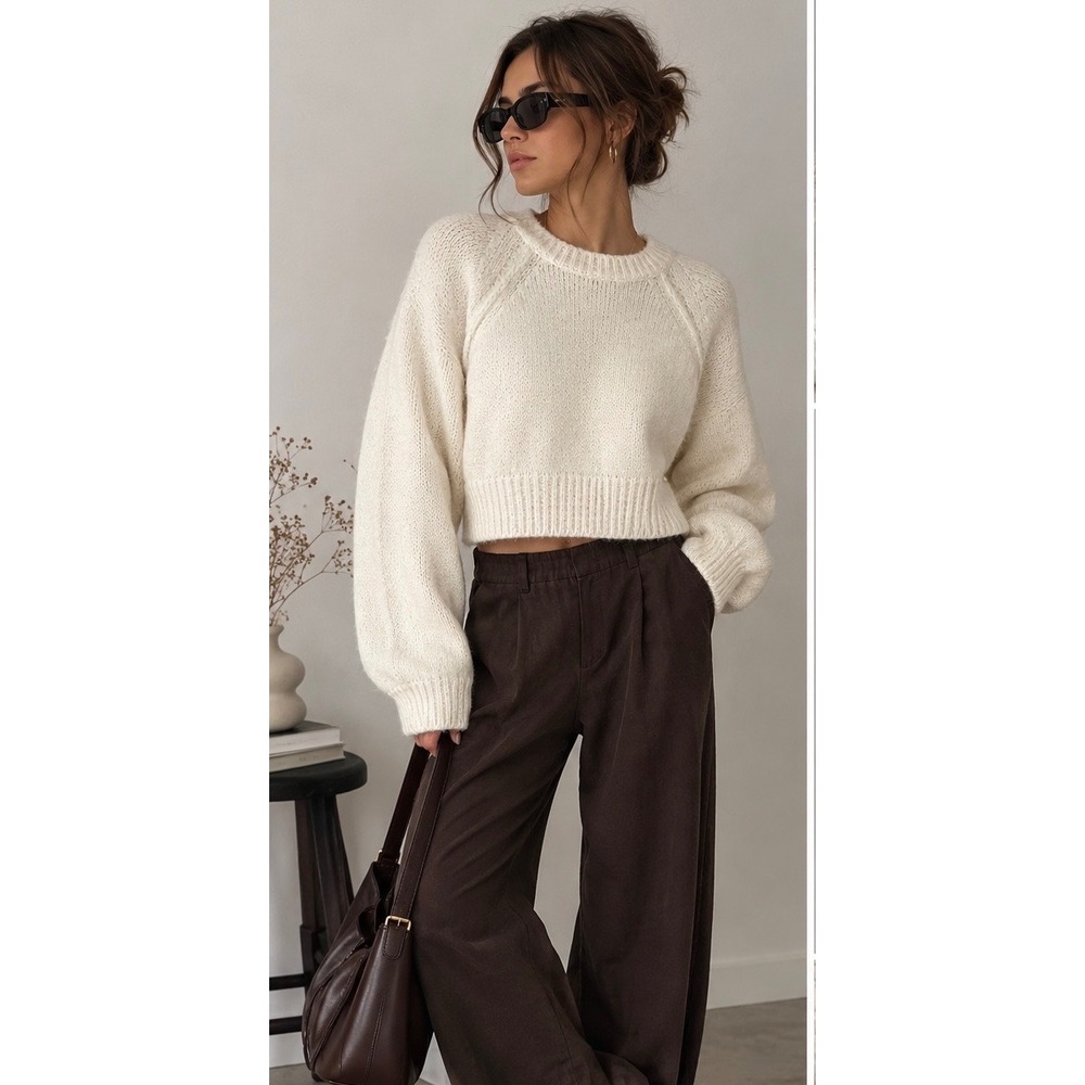 Oak + Fort Cropped Knit Sweater Cream OS S M Minimalist Clean Girl Cozy Fall